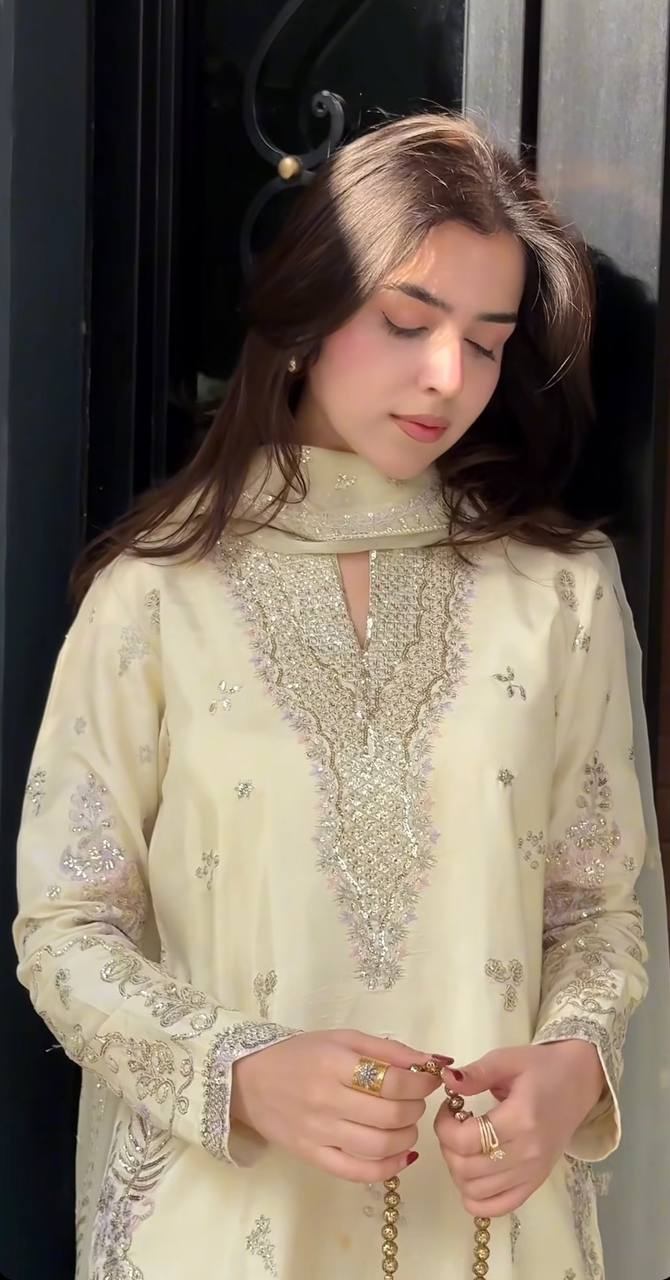 Premium Natural Crepe Silk Sharara Suit with Multi-Needle Sequence Embroidery