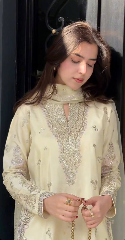 Premium Natural Crepe Silk Sharara Suit with Multi-Needle Sequence Embroidery