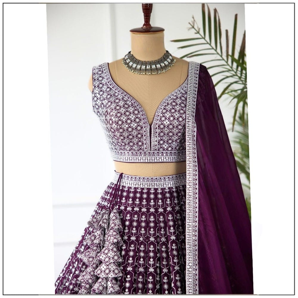 Premium Faux Georgette Lehenga Choli Set with Heavy Sequins Thread Embroidery