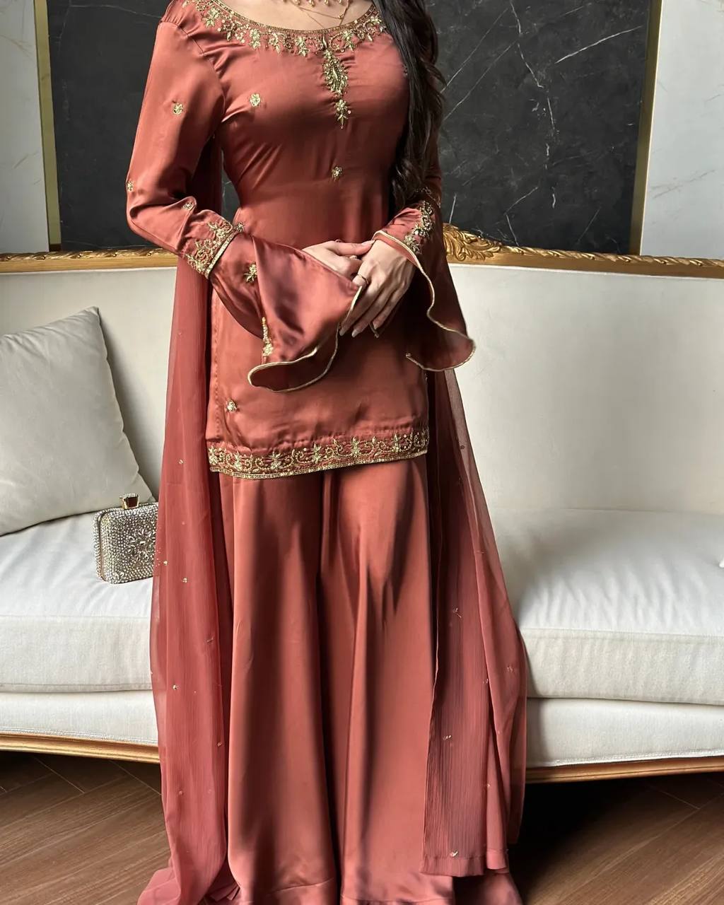 Heavy Natural Crepe Silk Embroidered Sharara Suit Set