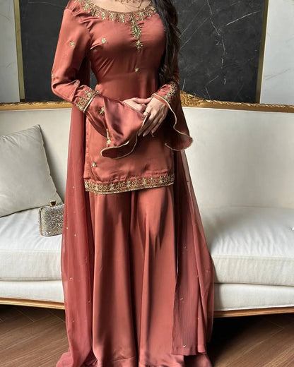 Heavy Natural Crepe Silk Embroidered Sharara Suit Set
