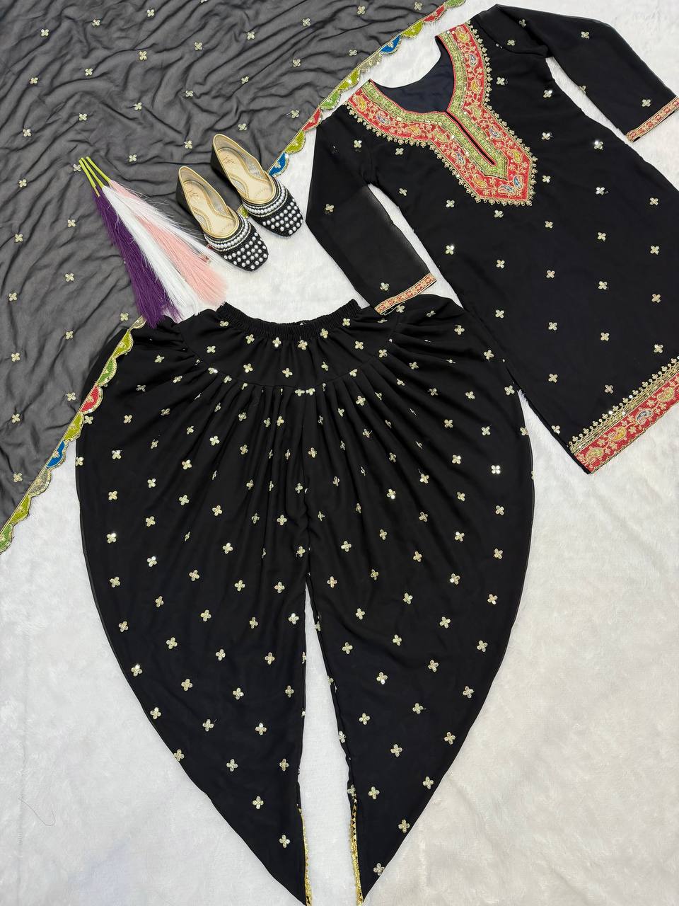 Heavy Faux Georgette Embroidered Dhoti Salwar Suit Set