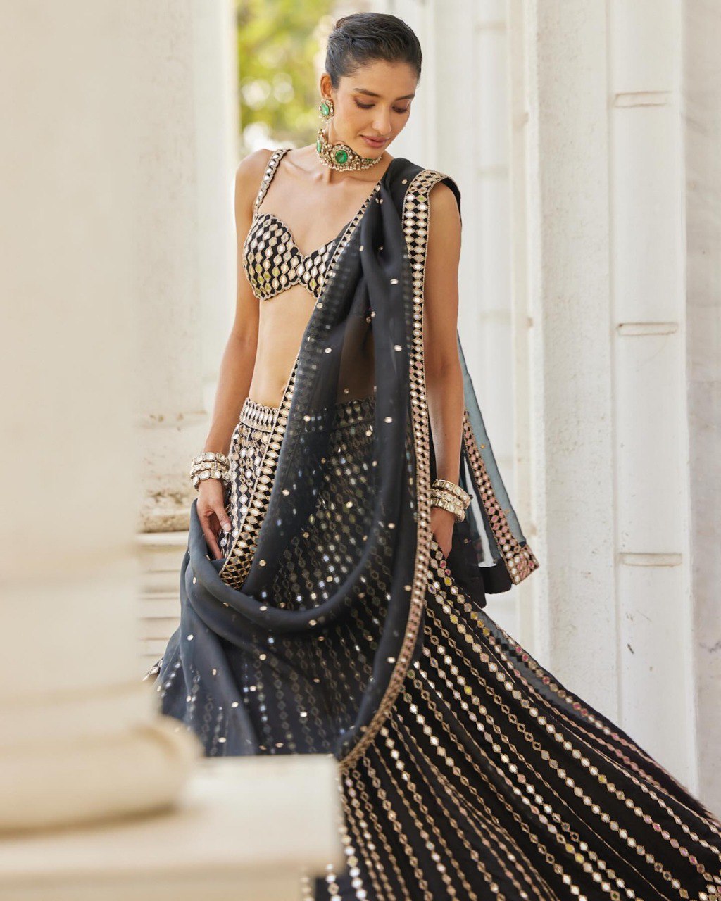 Premium Organza Silk Lehenga Choli with Paper Mirror Zari Embroidery
