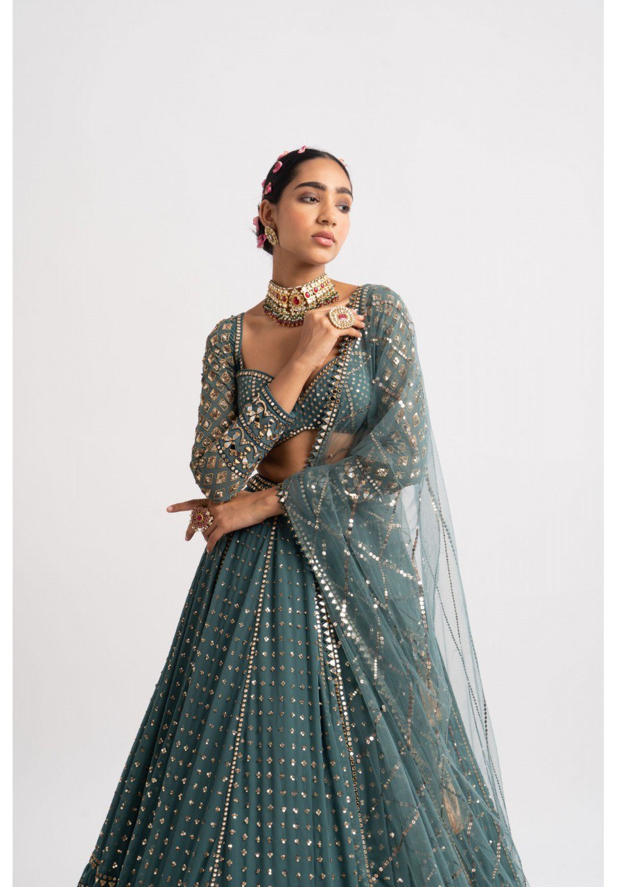 Bottle Green Embroidered Faux Georgette Lehenga Choli Set