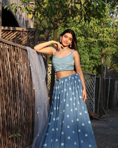 Elegant Dark Sky Blue Faux Georgette Lehenga Choli Set