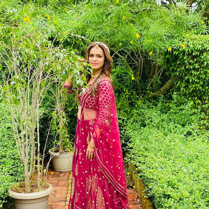 Cherry Red Faux Georgette Lehenga Choli Set