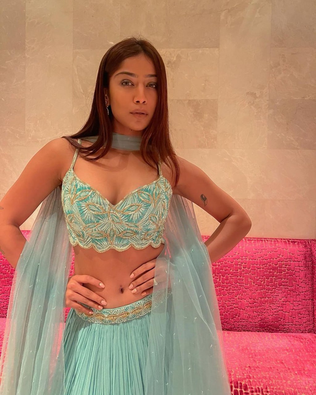 Turquoise Georgette Crush Work Lehenga Set