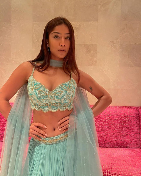 Turquoise Georgette Crush Work Lehenga Set