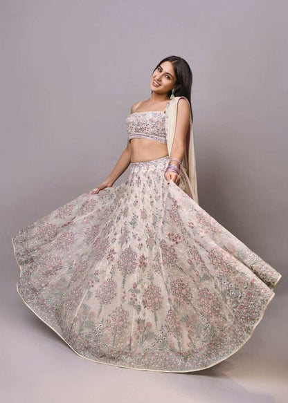Exquisite Cream Georgette Lehenga Choli with Multi Thread Embroidery