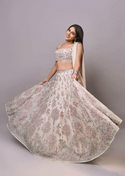 Exquisite Cream Georgette Lehenga Choli with Multi Thread Embroidery