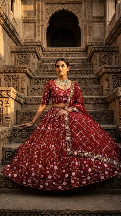 Premium Embroidered Sequins Soft Net Lehenga Choli Set