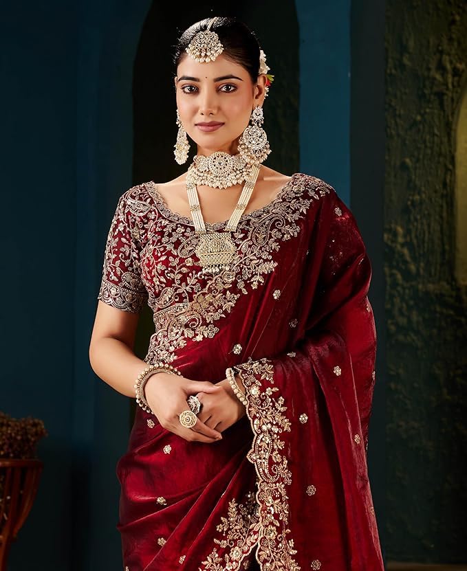 Fendy Satin Silk Embroidered Saree with Cut-Work Pallu and Matching Blouse