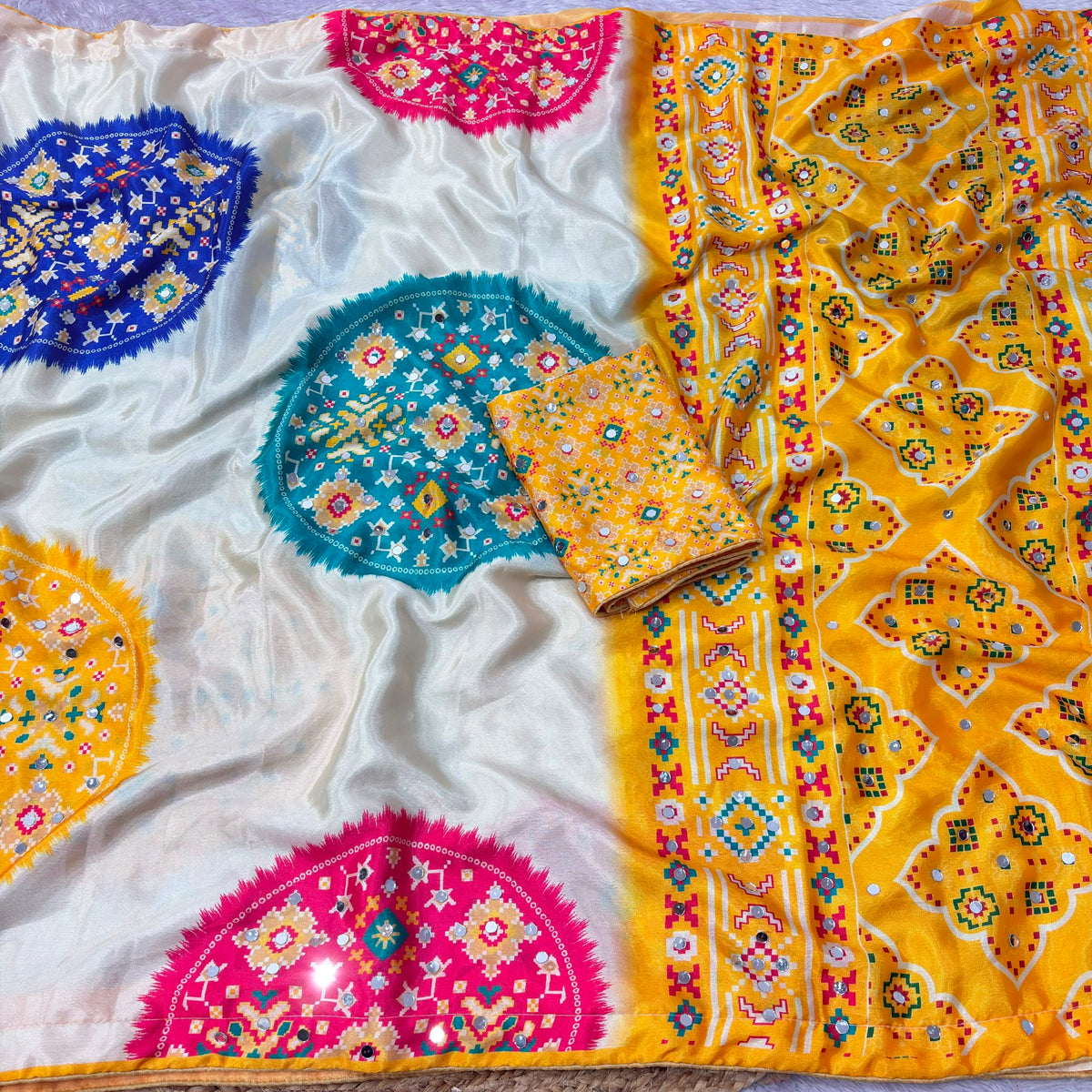 Soft Chinnon Printed Blouse with Real Mirror Work Saree