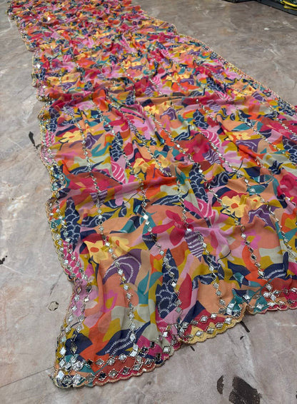 Elegant Digital Printed Star Georgette Saree with Handcrafted Real Mirror & Bead Embellishments