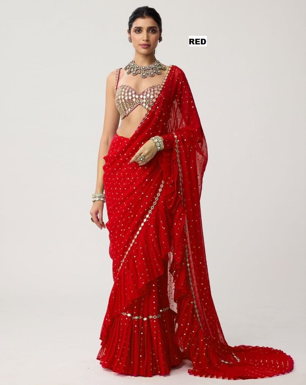 Sequins Faux Georgette Saree with Crush Pleats & Stitched Real Mirror Work Blouse