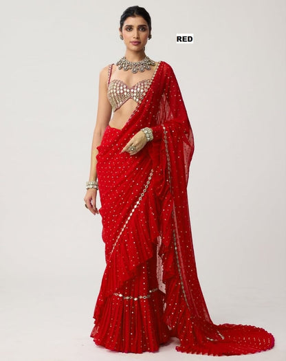 Sequins Faux Georgette Saree with Crush Pleats & Stitched Real Mirror Work Blouse