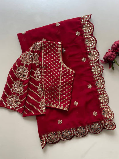 Faux Georgette Saree with 5mm Sequins & Handwork Mirror Lace Border