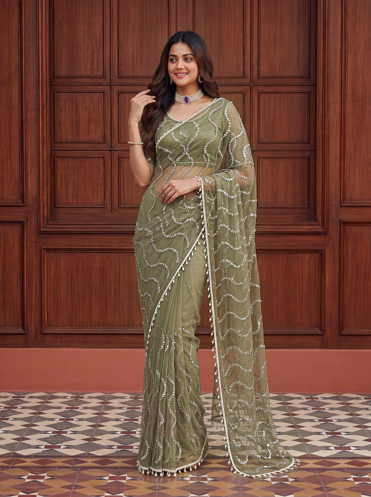 designer Net Embroidered Saree with Beads, Sequins & Pearl Work | Matching Unstitched Blouse