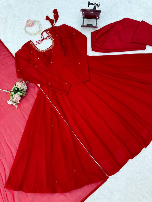 Elegance Hand-Embroidered Faux Georgette Anarkali Suit Set with Dupatta & Pants