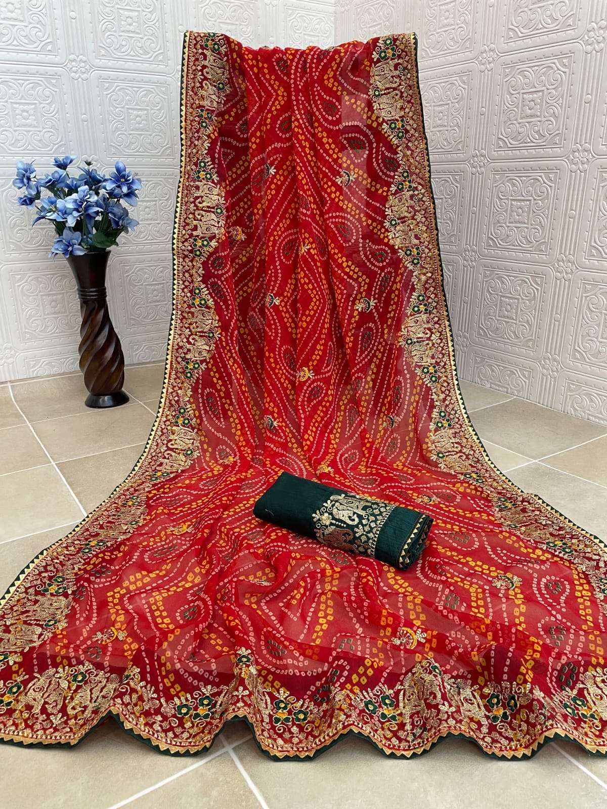 Red Soft Georgette Bandhani Saree with Heavy Embroidered Border & Banglori Satin Blouse Piece