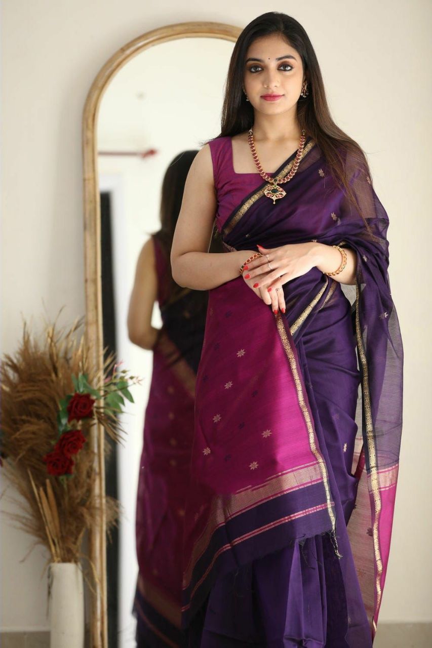 Elegant Soft Linen Slub Saree with Rich Jacquard Weave & Contrast Border Blouse