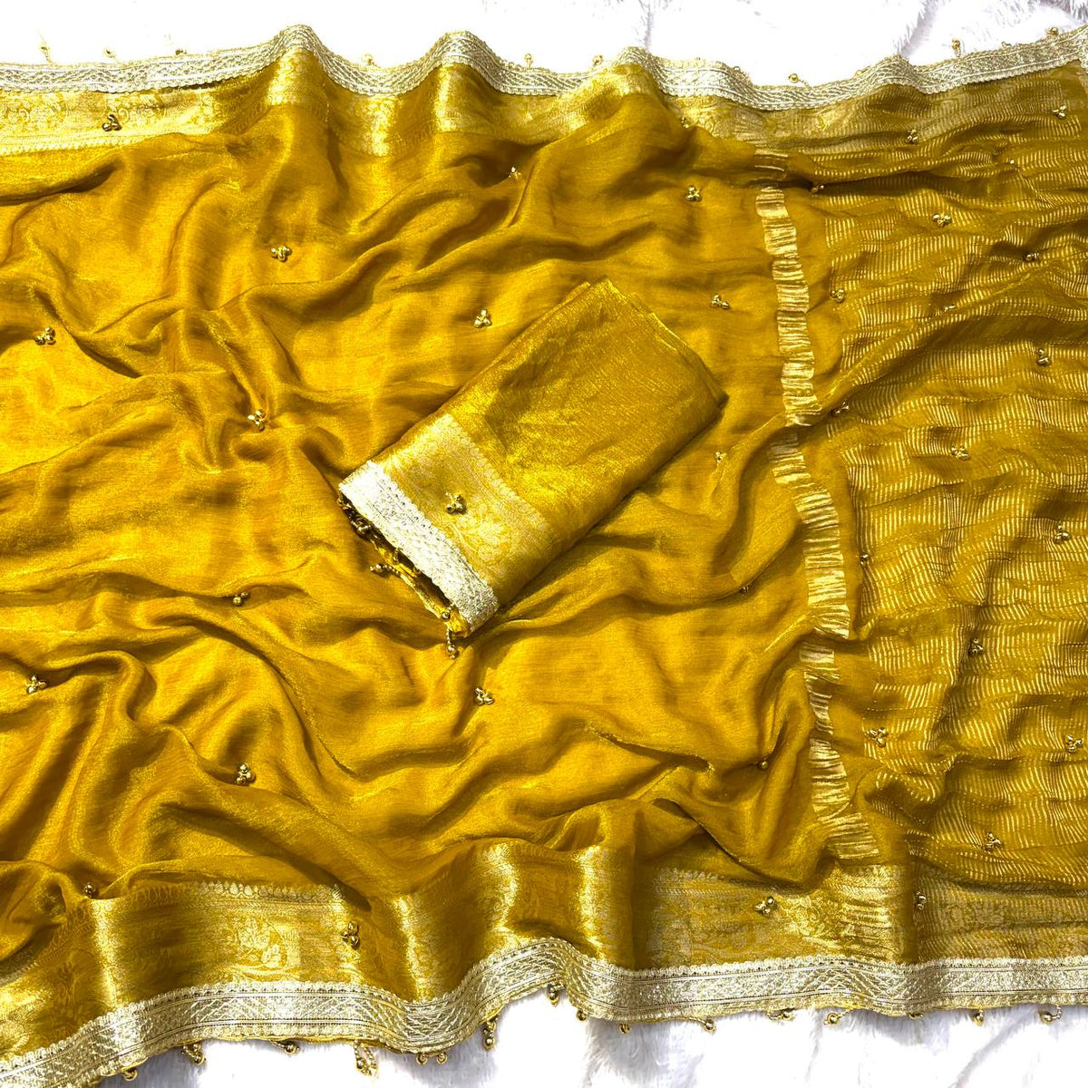 Premium Soft Tissue Silk Saree with Real Ghungroo Work & Minimal Border
