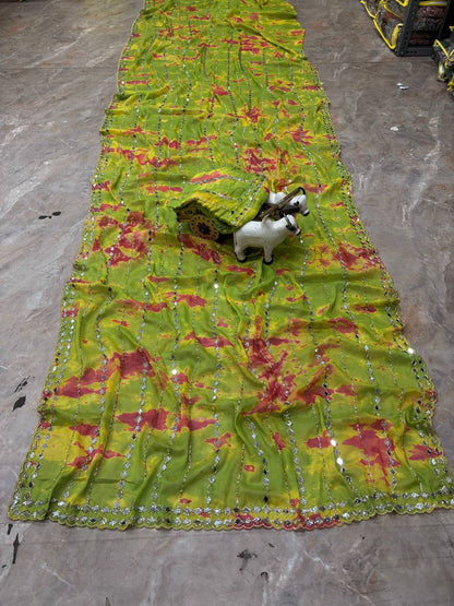 Full view of green digital print mirror work saree