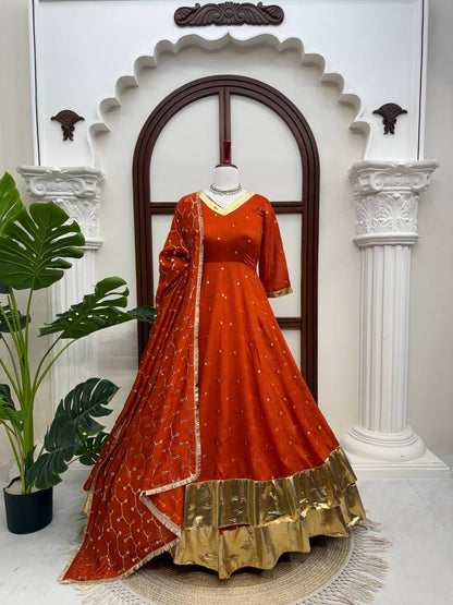 Full-length rust orange Anarkali lehenga set