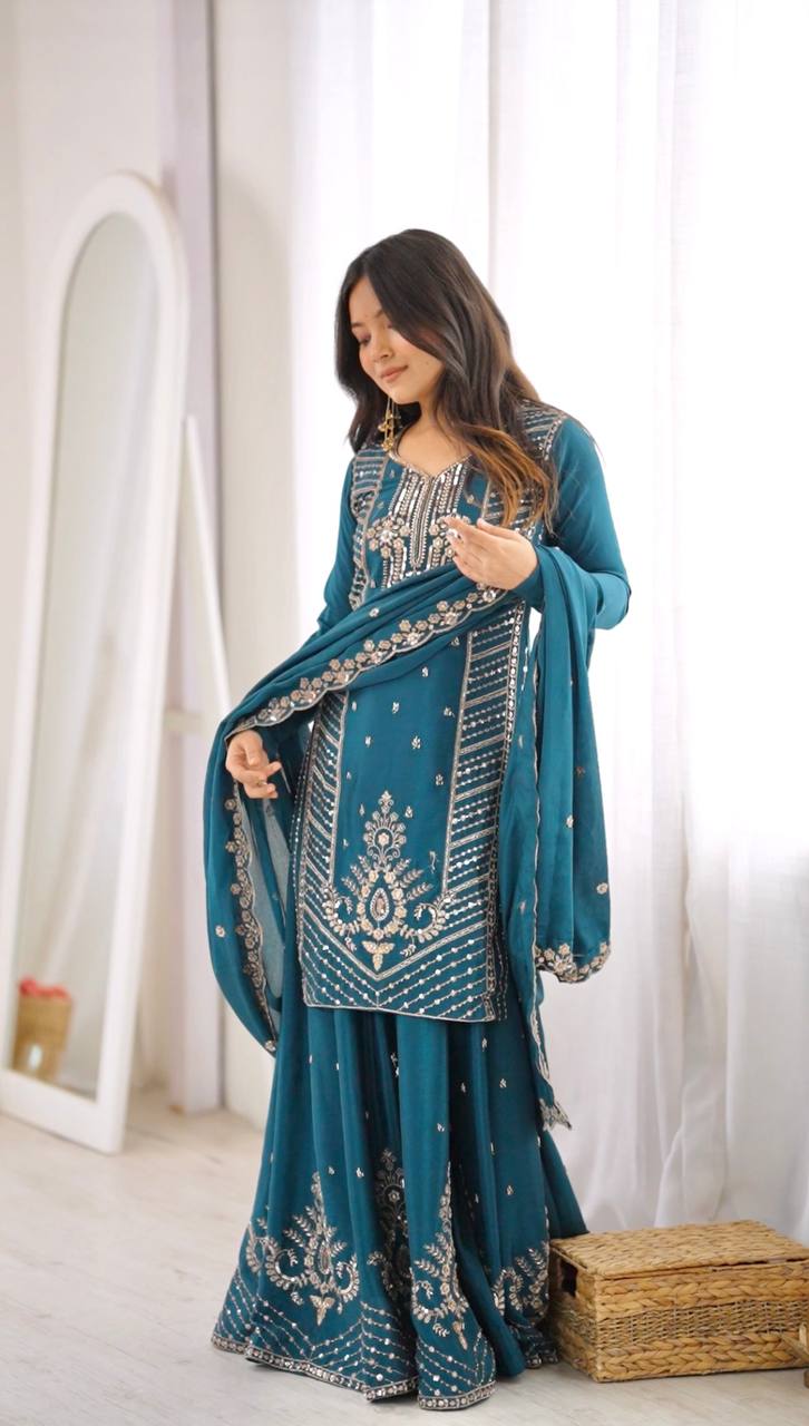 SP-107 teal Chinon silk suit embroidery model view
