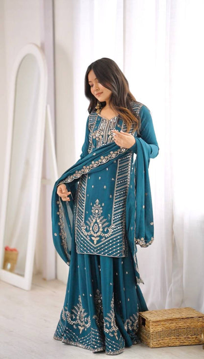 SP-107 teal Chinon silk suit embroidery model view