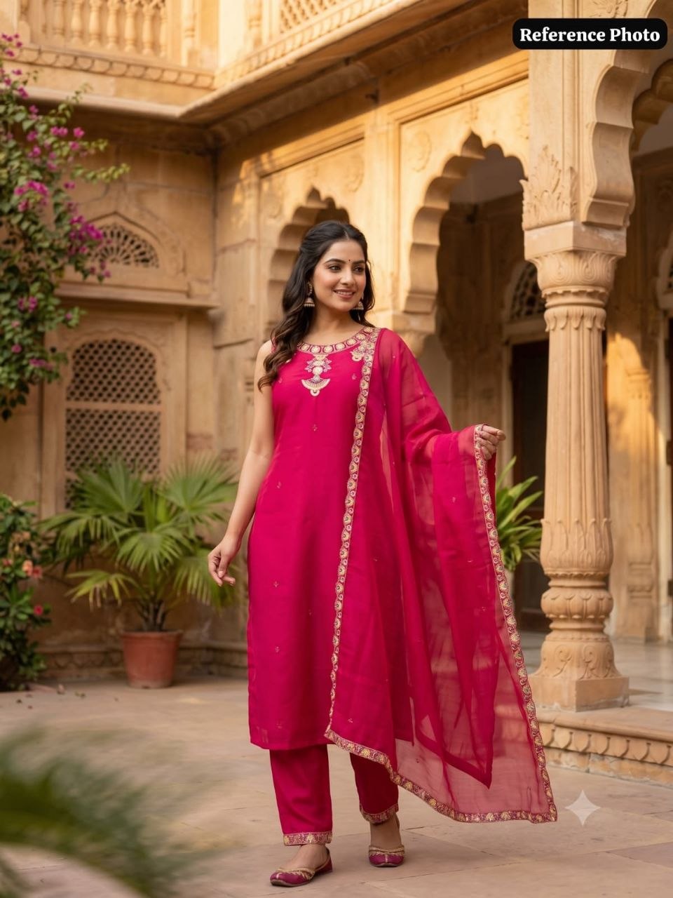 Model wearing pink embroidered kurta set reference photo 3