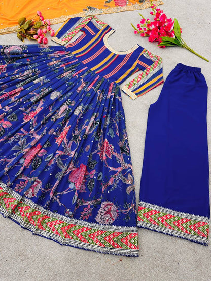 Designer Party Wear Look Digital Print Anarkali Suit With Embroidery Sequence Work With Bottom and Dupatta