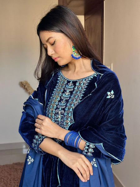 Beautiful Blue Color Heavy Velvet Thread Sequence Work Salwar Suit