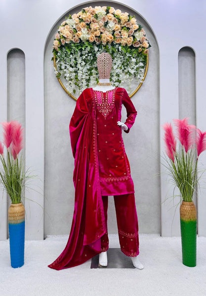 Beautiful Pink Color Heavy Velvet Thread Sequence Work Salwar Suit