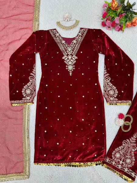 Designer Velvet Salwar Suit With Rivet Moti Work And Sequence Work