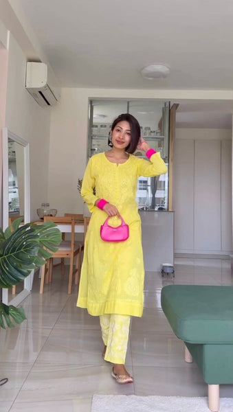 Beautiful Yellow Color Chikankari Kurti With Pent