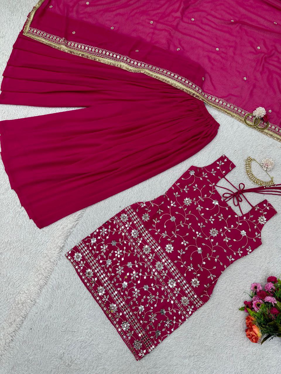 Beautiful Pink Color Georgette Embroidery Palazzo  Salwar Suit