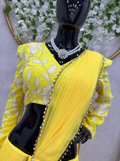 Beautiful Yellow Color Read to Wear Fish Cut Lehenga saree