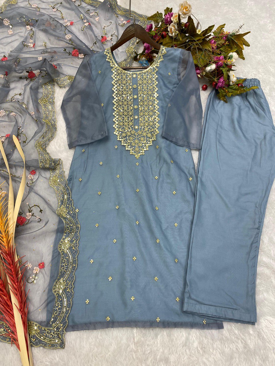 Designer Organza Kurta Set With Embroidery Sequence Work