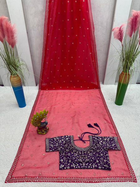Red Color Organza Silk Sequence Work Wedding Wear Saree Blouse