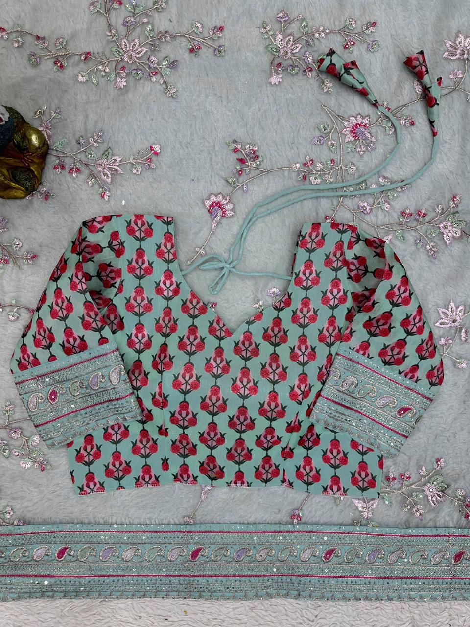 Party Wear Sea Green Color Organza Silk Sequence Thread Printed Work Saree Blouse