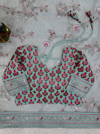 Party Wear Sea Green Color Organza Silk Sequence Thread Printed Work Saree Blouse