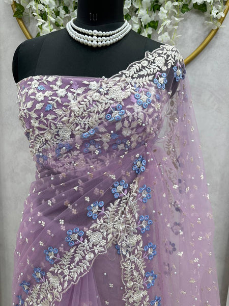 Party Wear Net Sequence Pearl Work Saree Blouse