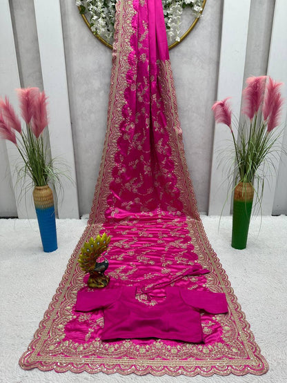 Party Wear Pink Color Japan Satin Sequence Work Saree Blouse