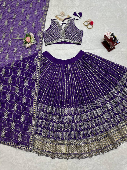 Latest Purple Georgette Sequence Work Lehenga Choli For Wedding Wear