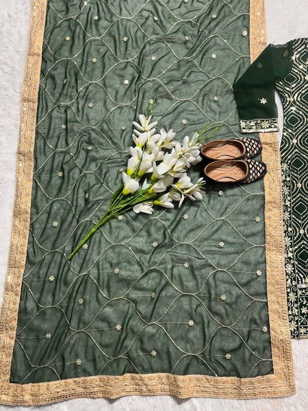Green Color Party Wear Georgette Sequence Work Ready Made Salwar Suit