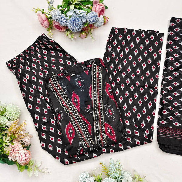 Awesome Black Color Cotton Printed Embroidery Work Salwar Suit