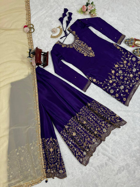 Violet Color Thread Sequence Work Chinon Silk Salwar Suit