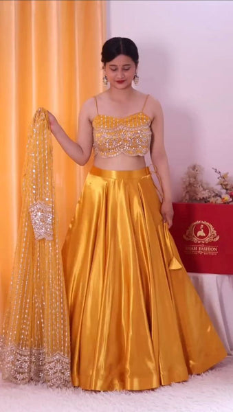 Yellow Color Japan Satin Sequence Thread Work Koti Lehenga Choli