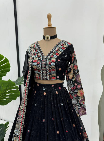 Designer Black Georgette With With Embroidered Work Lehenga